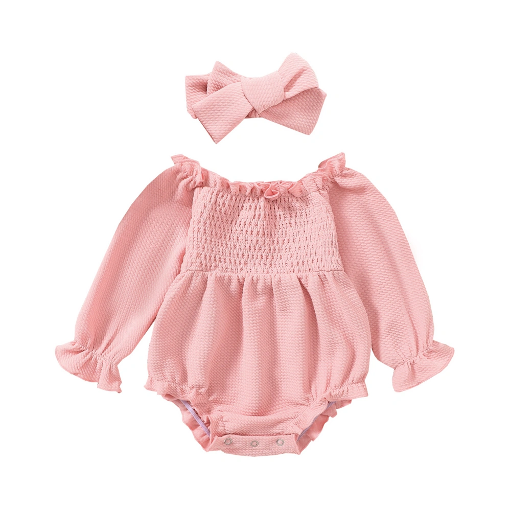 Baby Girls Romper Set Long Sleeve Off-shoulder Pleated Romper Hairband