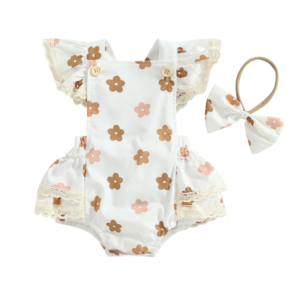 Baby Girls Romper Set, Flower Print Fly Sleeve Romper with Hairband