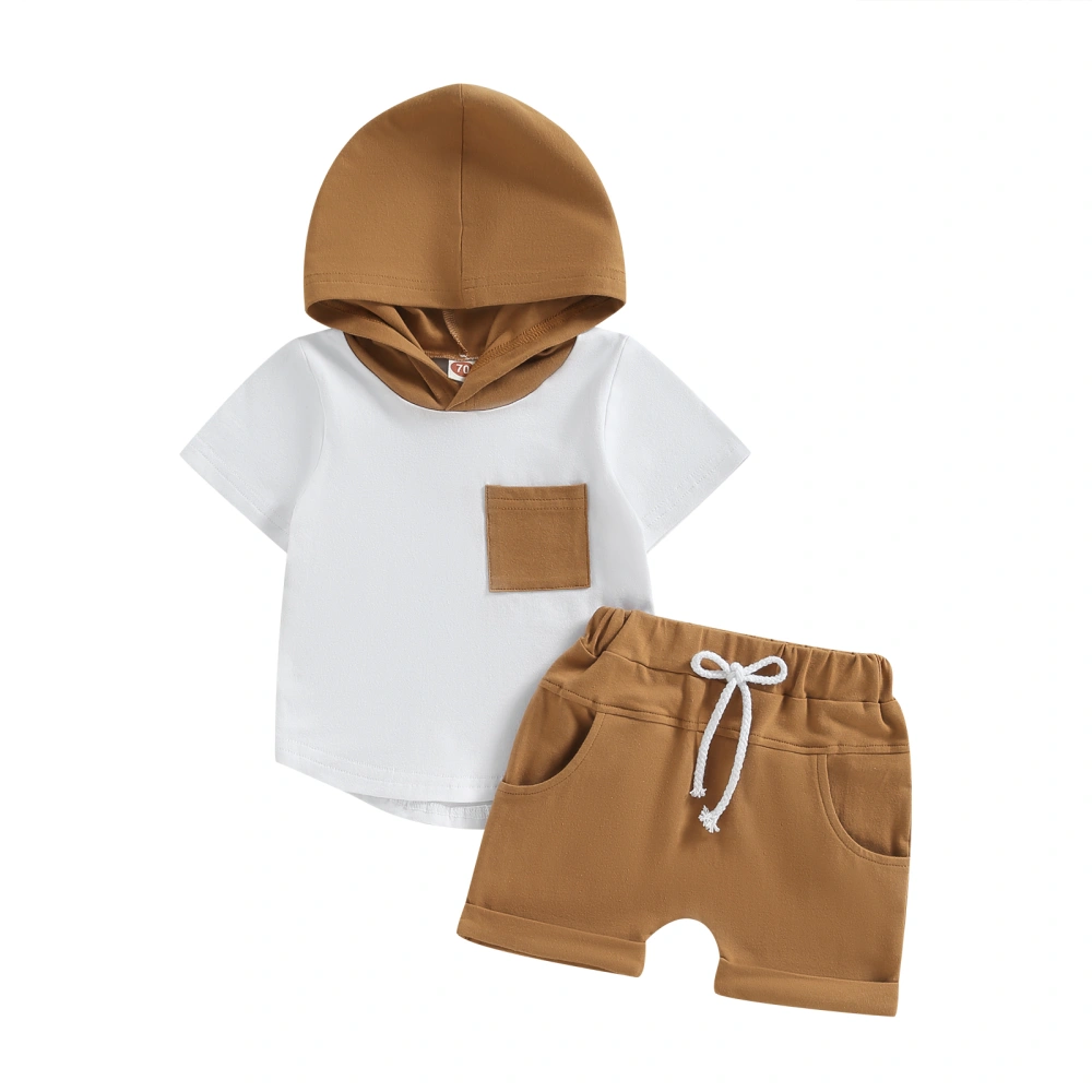 Boys Short Sleeve Contrast Color Hooded Tops + Solid Color Shorts