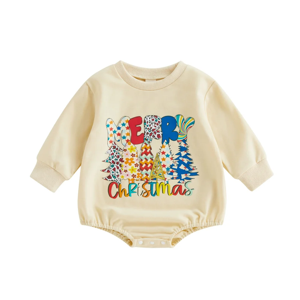 Baby Christmas Long Sleeve Round Neck Letter/Elk Print Playsuit