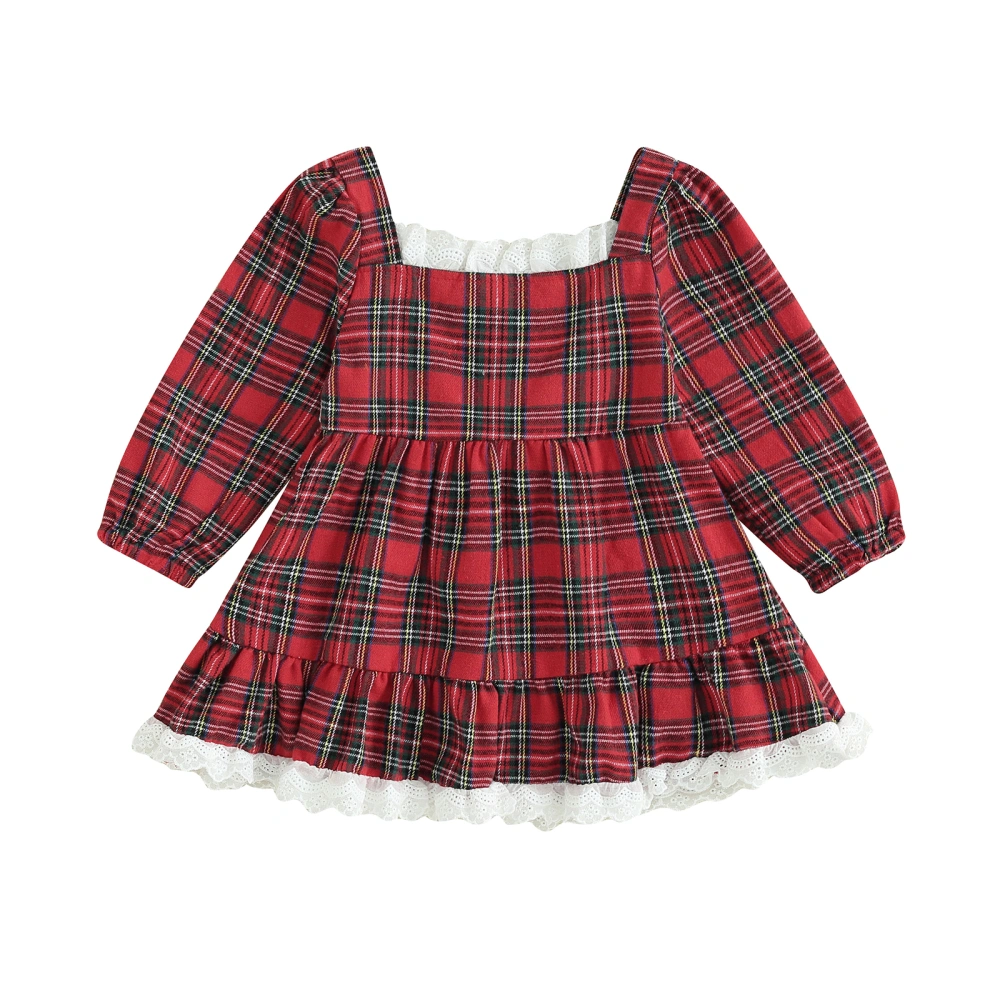 Kids Girls Dress Plaid Lace Trim Square Neck Long Sleeve Dress