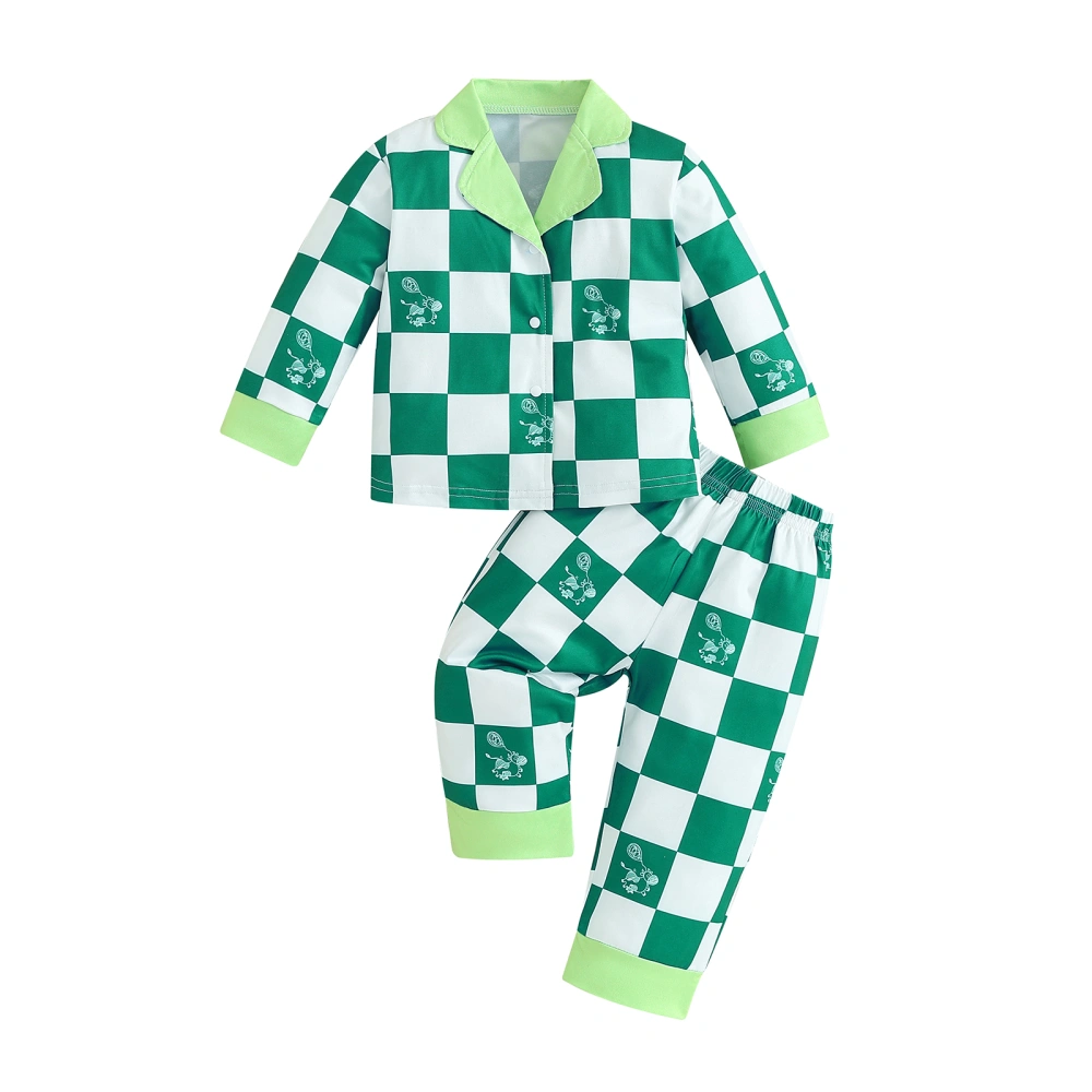 Kids Pajamas Set Checkerboard Pattern Lapel Tops Pants Sleepwear