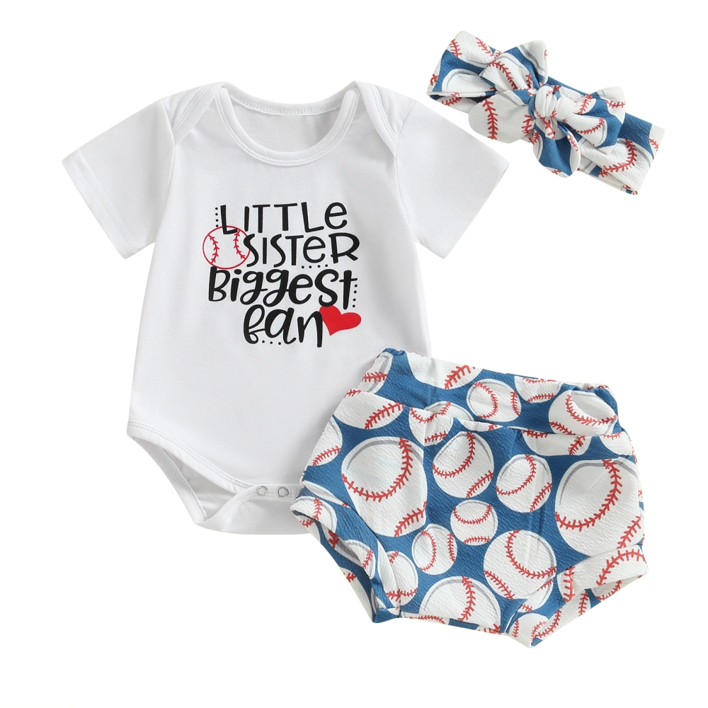 Girls White Short Sleeve Romper + Baseball Print Shorts + Headband