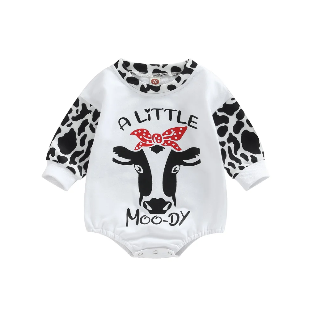 Baby Girls Romper, Long Sleeve Crew Neck Cow Head Print Bodysuit