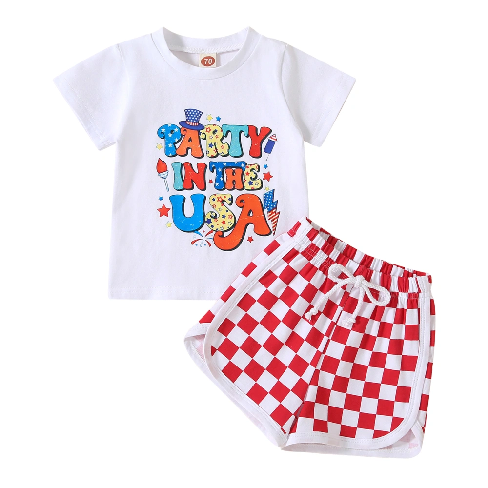 Boys White Short Sleeve Tops + Checkerboard Print Drawstring Shorts