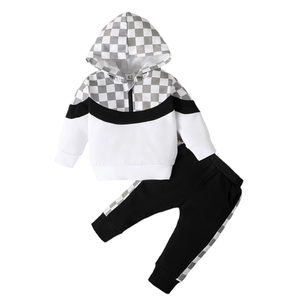 Baby Boys Pants Set, Plaid Long Sleeve Zipped Hoodie + Sweatpants