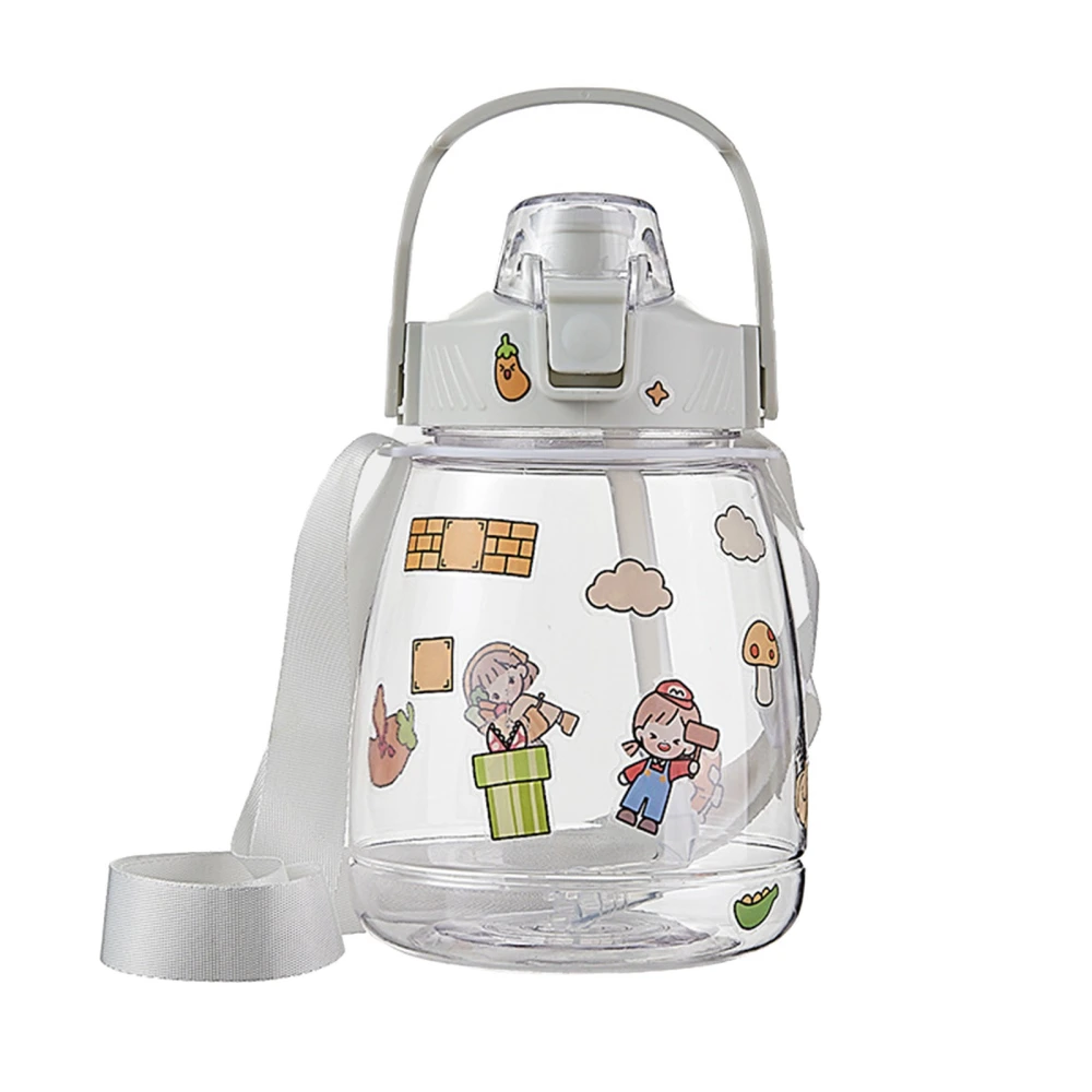 Cartoon Patterns Water Bottle with Straw Hand Grip and Shoulder Strap