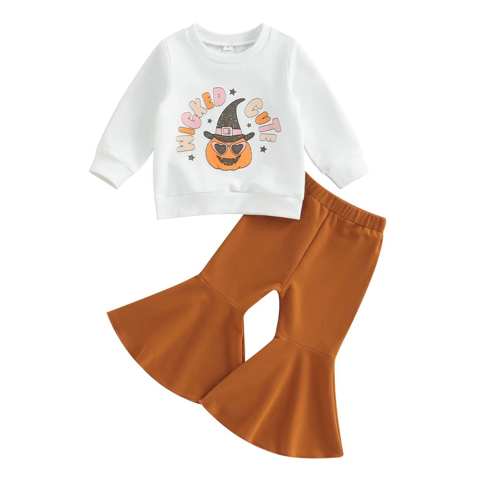 Girls Halloween Outfits Pumpkin Print Long Sleeve Tops and Flare Pants