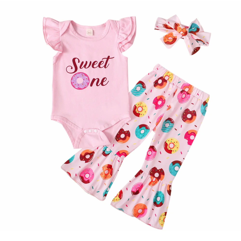 Baby Girls Outfit, Romper + Doughnut Print Flared Pants + Headband