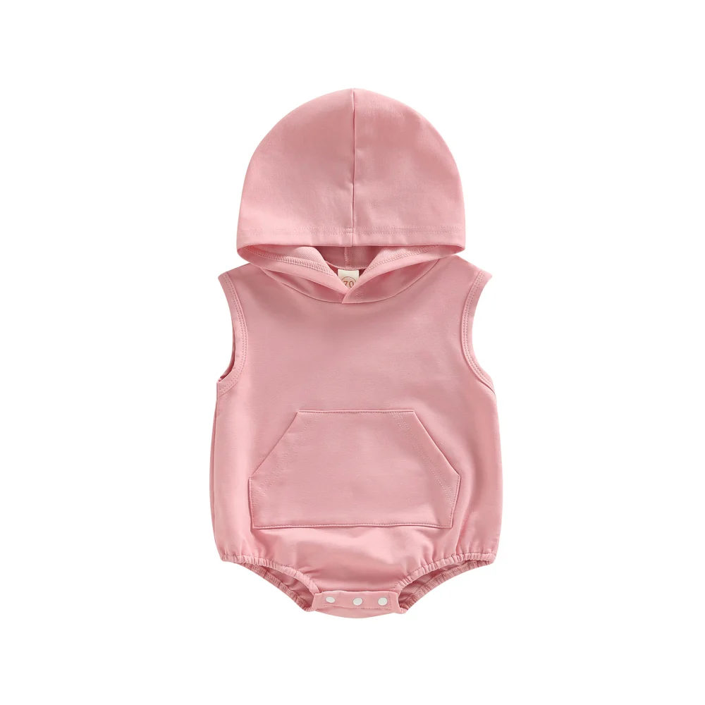 Baby Summer Romper, Sleeveless Contrast/Solid Color Hooded Bodysuit