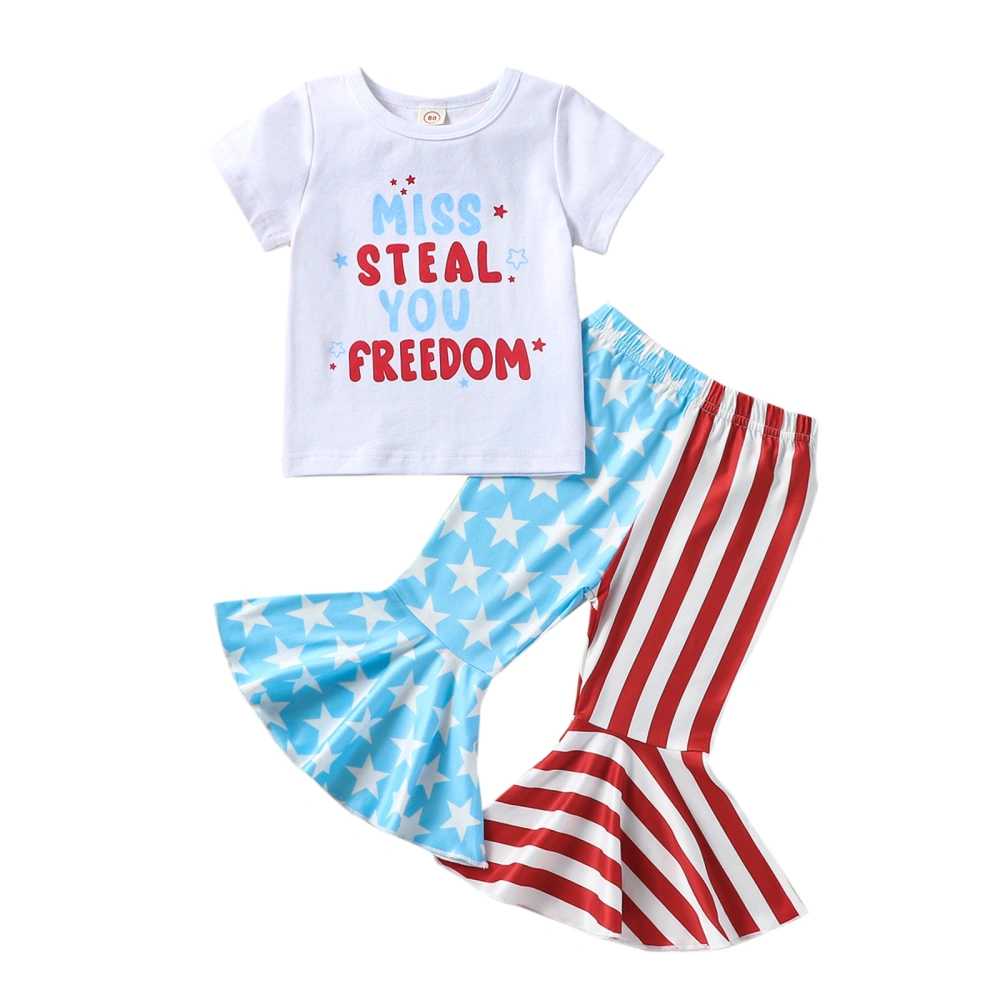 Girls Pants Set, Letters Print T-shirt + Stars Striped Flare Pants