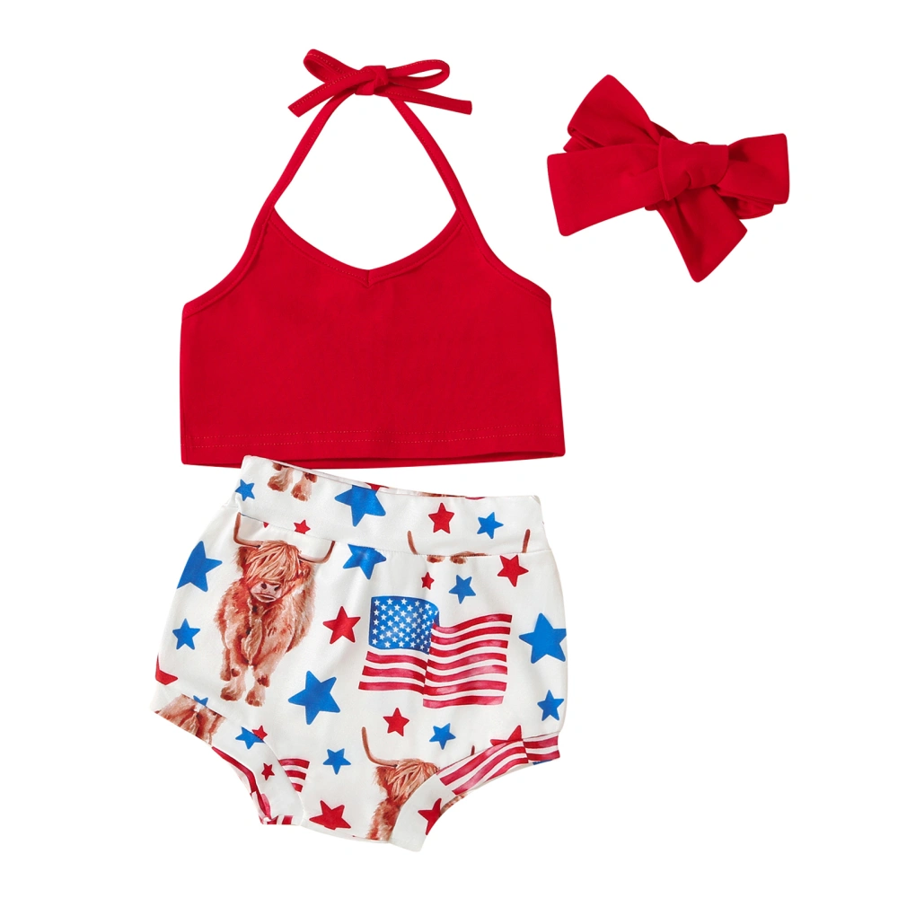 Baby Girls Shorts Set, Halterneck Vest + Stars Cow Shorts + Hairband