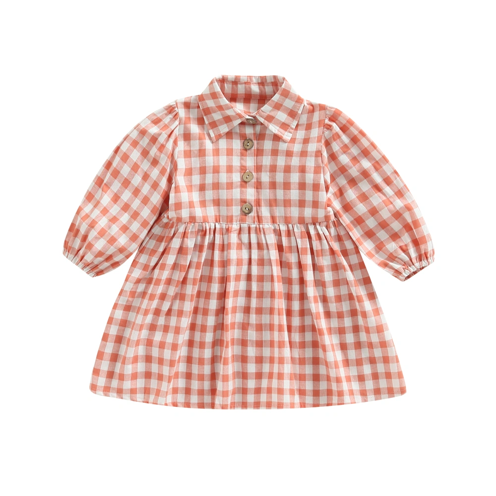 Toddler Kids Girl Cute Dress Plaid Turn-Down Collar Long Sleeve Dress