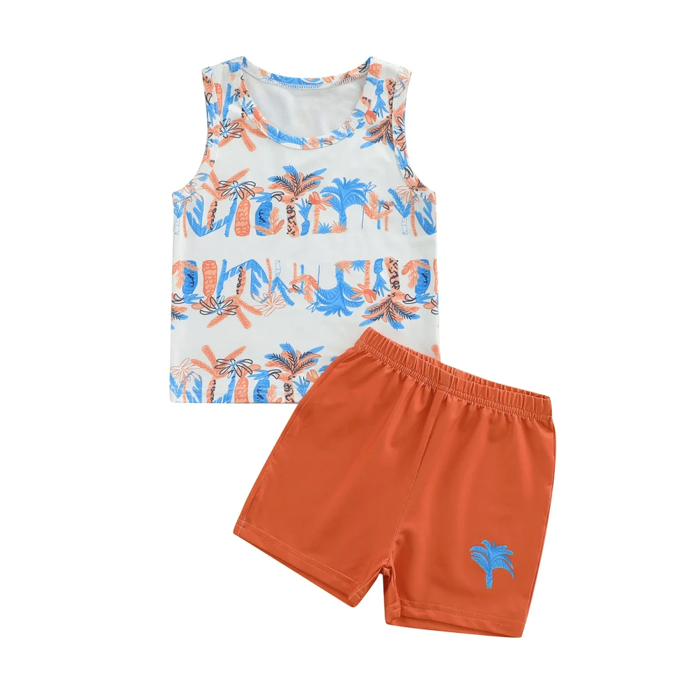 Boys Sleeveless O Neck Tree Print Vest + Orange Casual Shorts