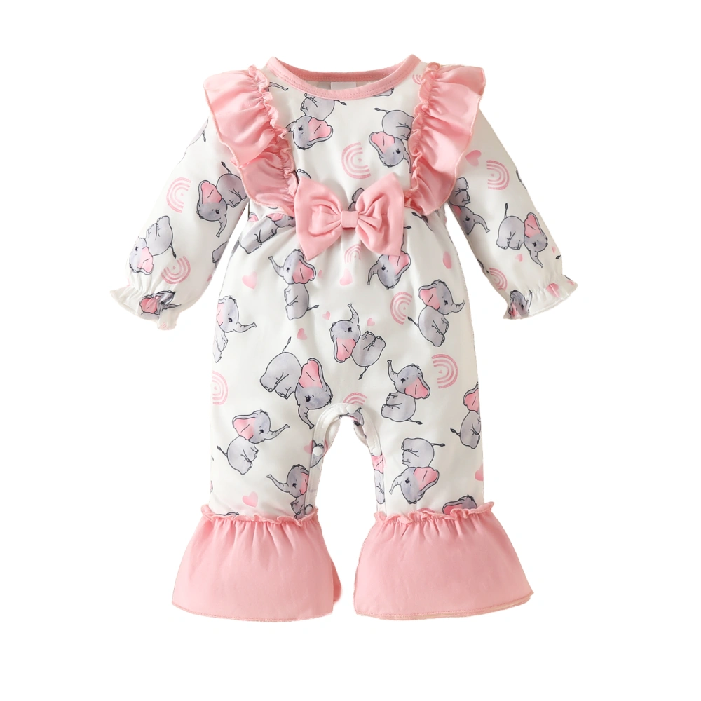 Baby Girls Jumpsuit, Long Sleeve Elephant Print Bow Patchwork Romper