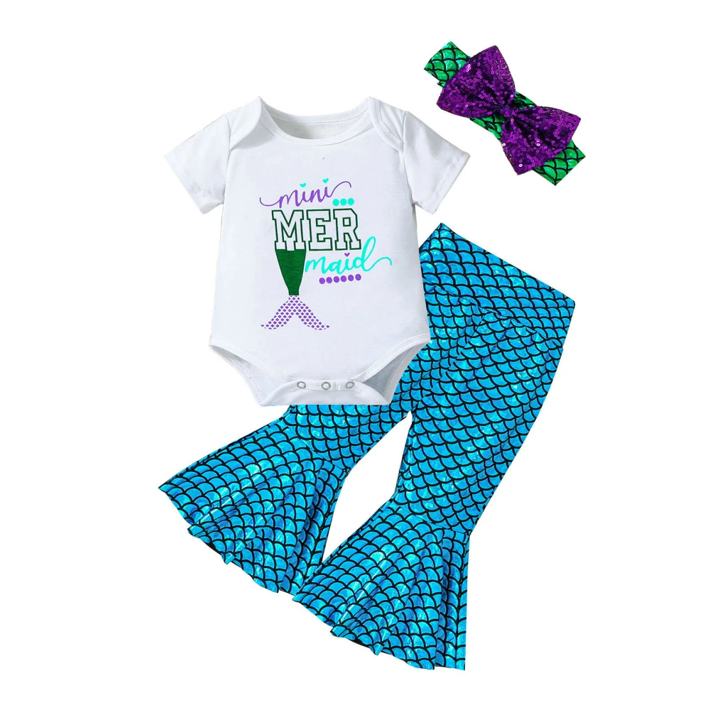 3Pcs Baby Girl Spring Outfits, Mermaid Romper+Bell Bottoms+Headband