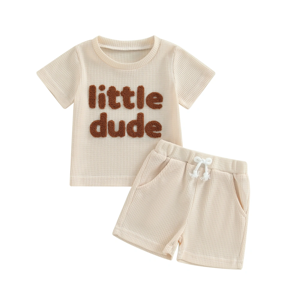 Boys Short Sleeve Letter Print Tops + Solid Color Drawstring Shorts