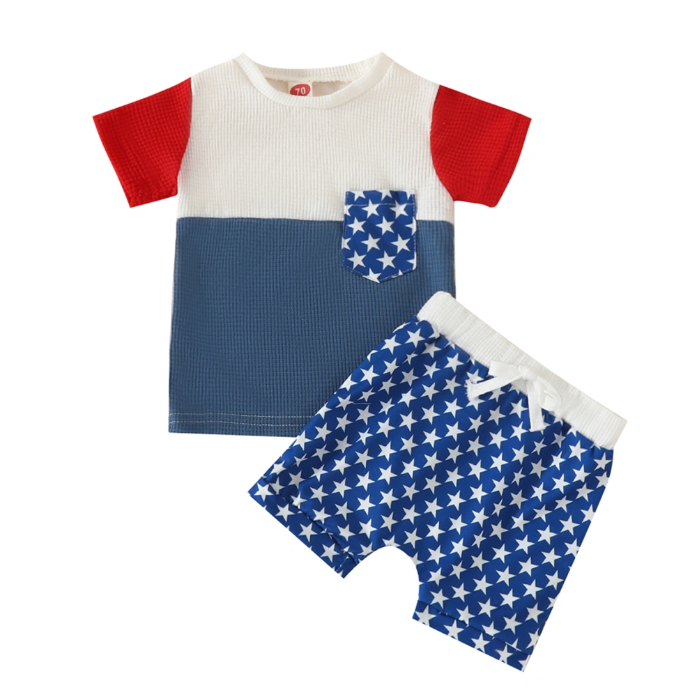 Boys Short Sleeve Contrast Color Tops + Stars Print Drawstring Shorts