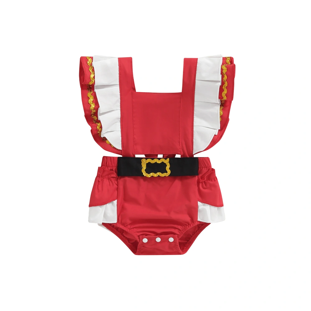 Baby Girls Christmas Romper, Ruffle Sleeve Backless Belted Bodysuit