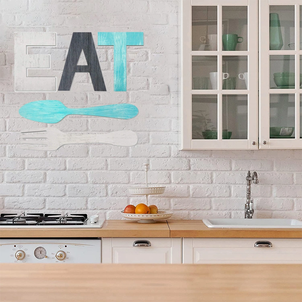 EAT Sign for Kitchen Decor, Rustic Fork and Spoon Wall Art Wood Sign