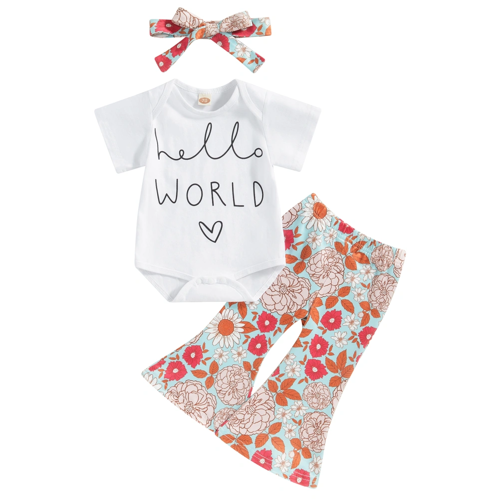 Baby Girls Pants Set, Letters Print Romper + Flower Pants + Headband