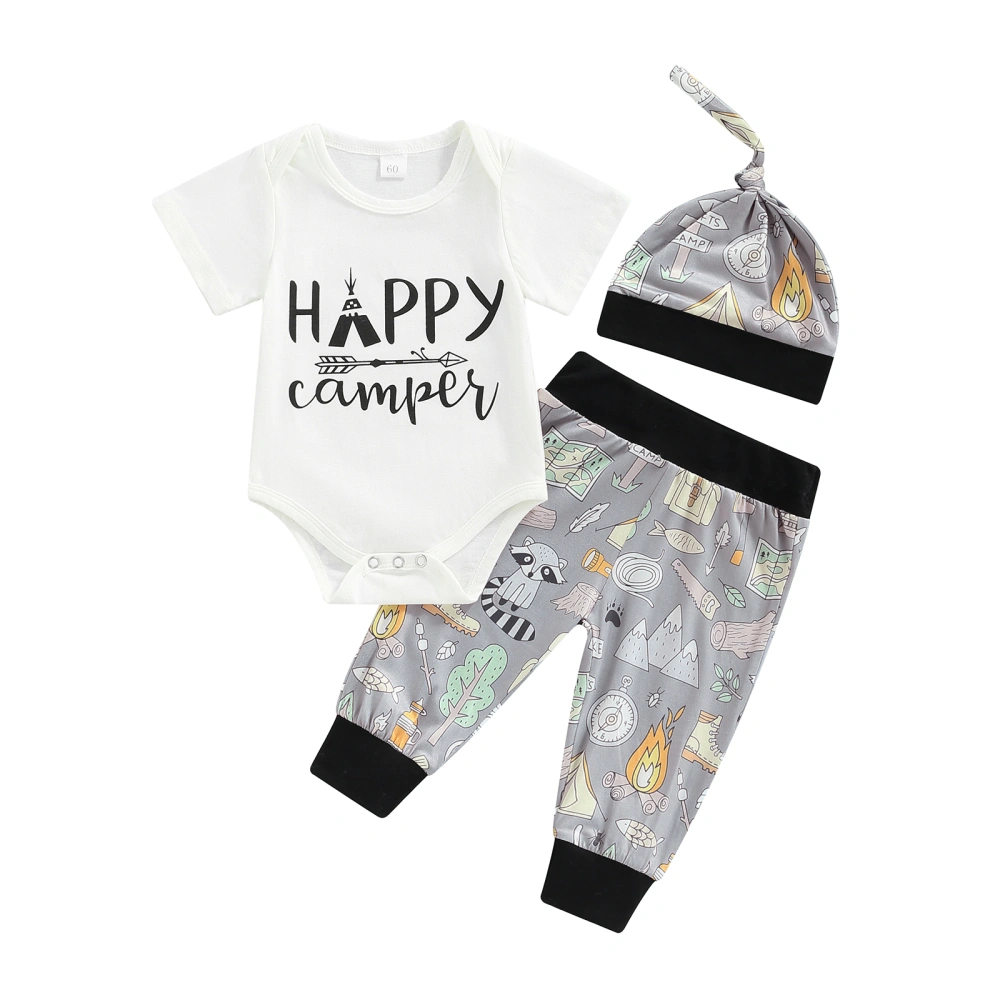 Infant 3Pcs Outfits, Round Neck Romper + Cartoon Printed Pants + Cap