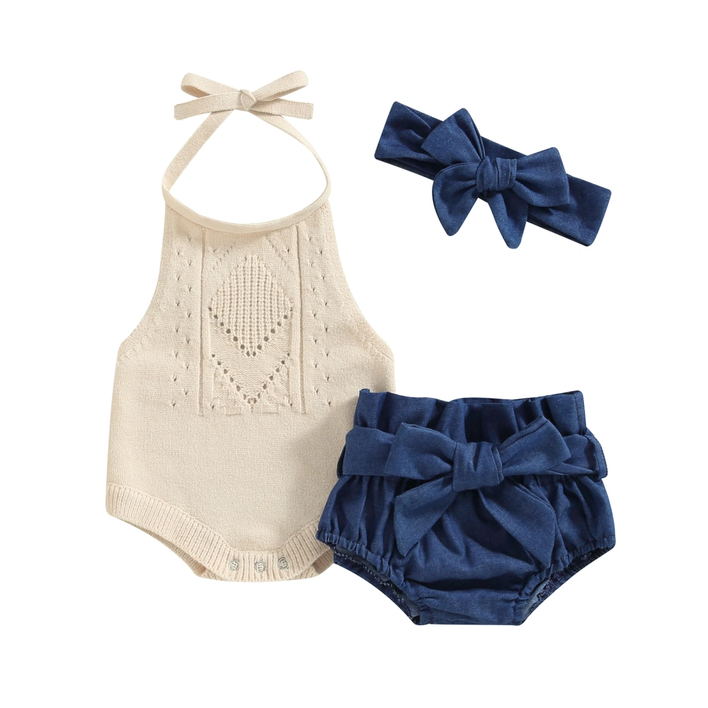 Baby Girl Summer Outfit Sweater Romper Denim Shorts Headband