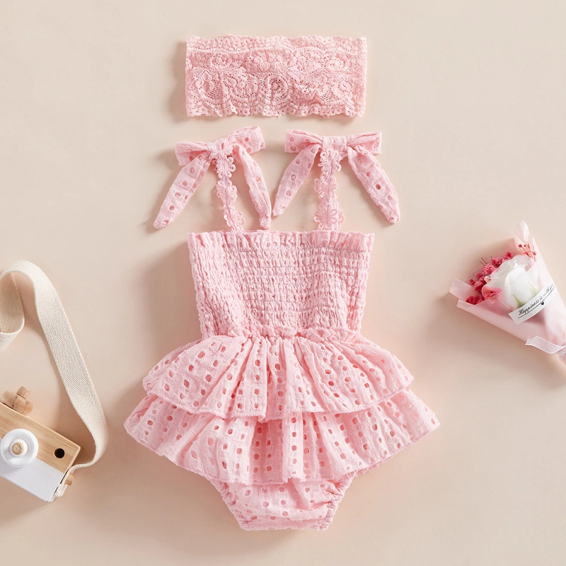 Infant Baby Girls Romper Dress Solid Color Bodysuits with Headband