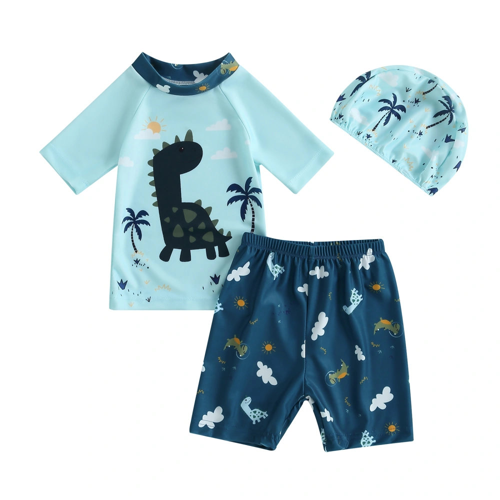 Baby Boys Swimsuit and Swim Cap Dinosaur Printed Rash Guard and Trunks