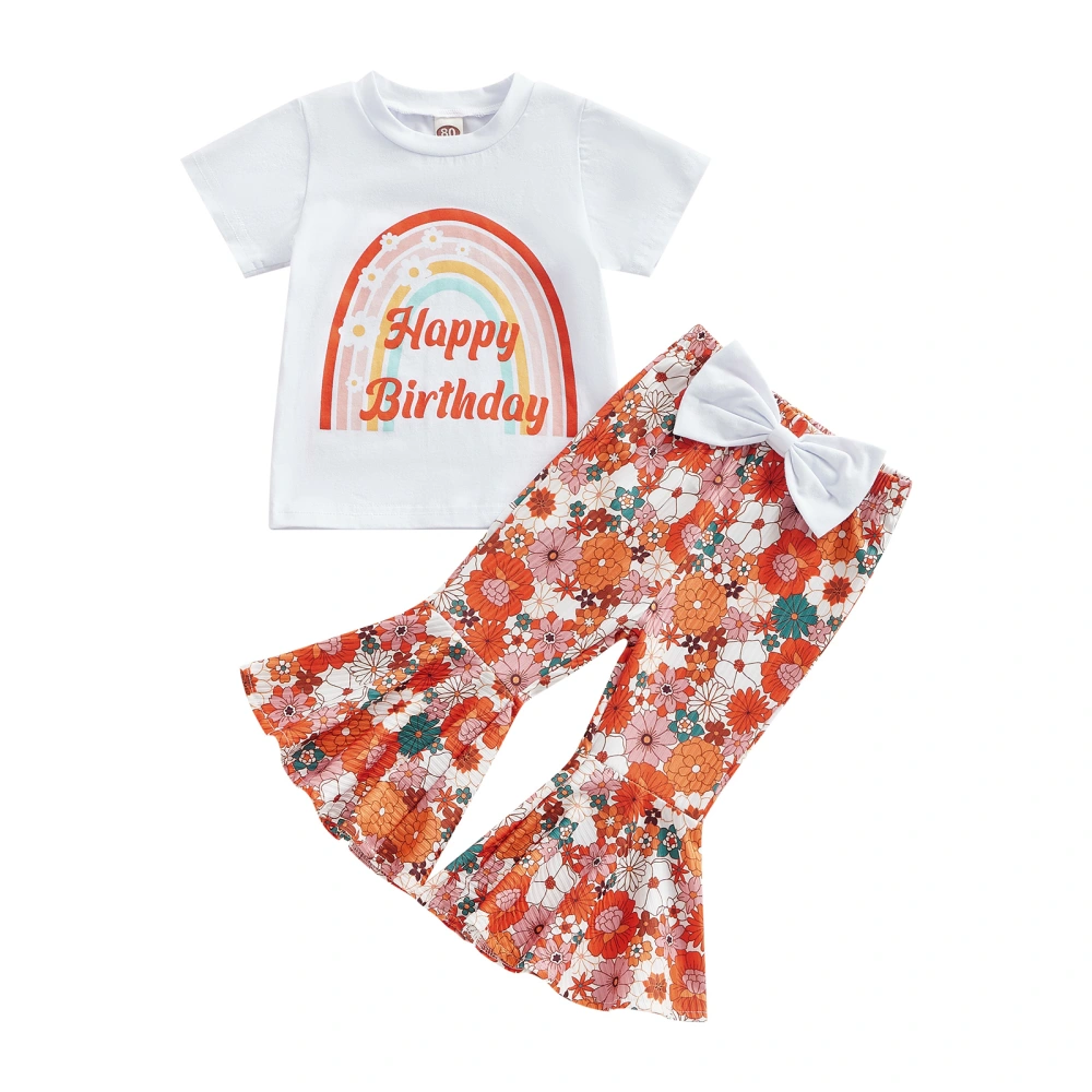 Girls Short Sleeves Round Neck Tops + Floral Bell-Bottoms Pants