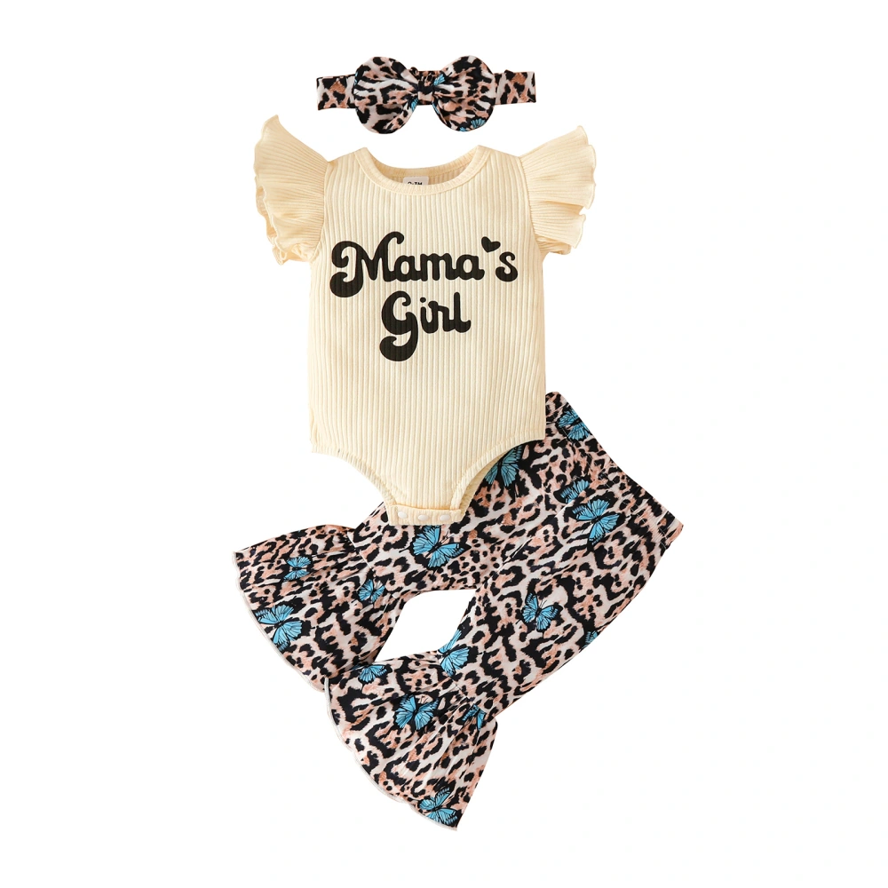 Girl Fly Sleeves Romper + Leopard Butterfly Bell-Bottoms + Head Band 