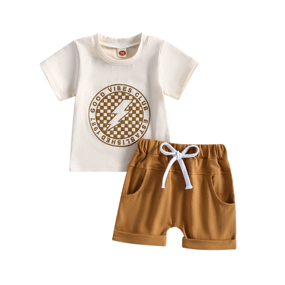 Boys Short Sleeve Letter Pattern Print Tops + Brown Drawstring Shorts