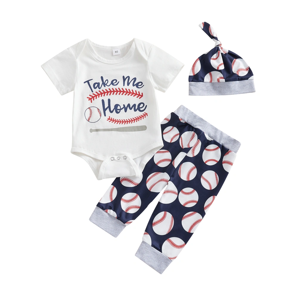 Baby 3Pcs Summer Outfits, Baseball Print Romper + Pants + Knot Hat Set