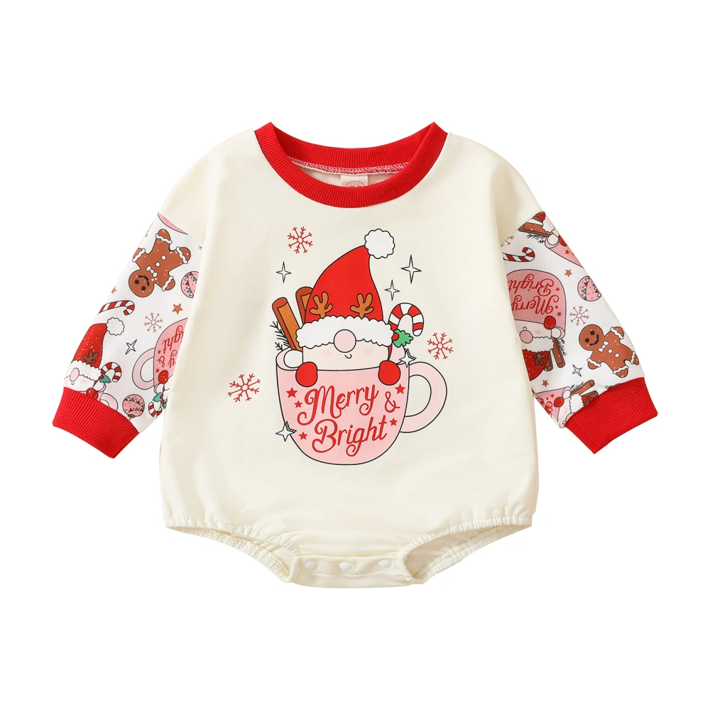 Baby Girls Christmas Romper, Long Sleeve Cartoon Print Bodysuit