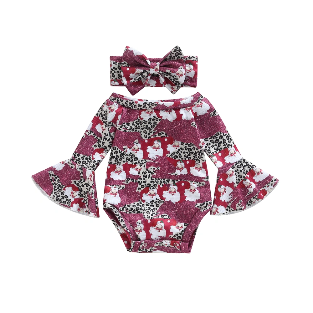 Girls Christmas Romper Set Long Sleeve Santa Print Bodysuit + Headband