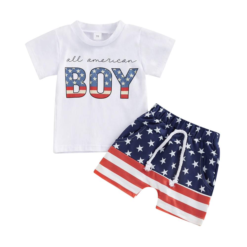 Boys 4th of July Outfits, Letter T-Shirt + Stars Stripes Shorts Set