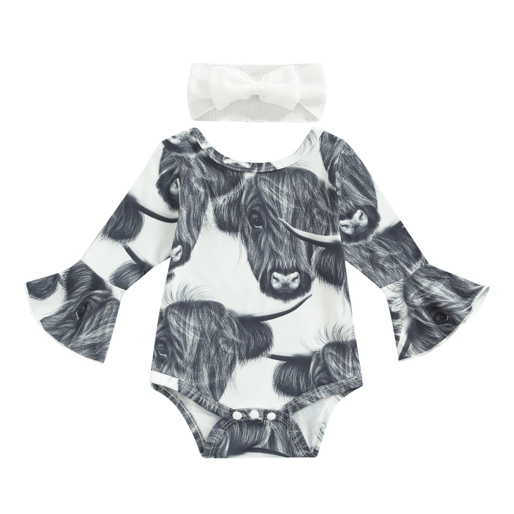 Infant Baby Girls Romper Cattle Head Print Flare Long Sleeve Jumpsuit