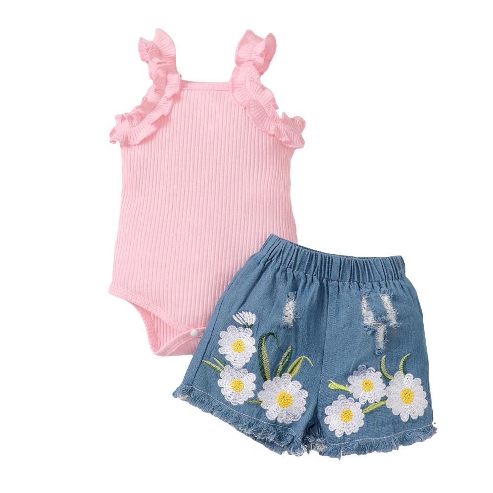 Girls Knitting Romper Vest Tops + Denim Floral Short Pants Suit