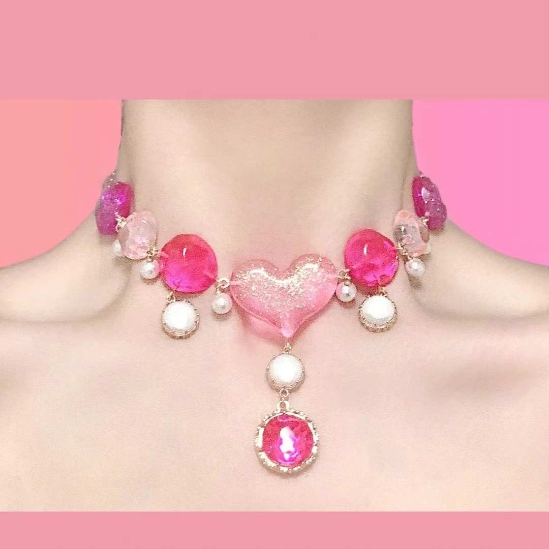 Women Heart Necklace, Sweet Rhinestones Choker Barbie Jewelry Gift for Party