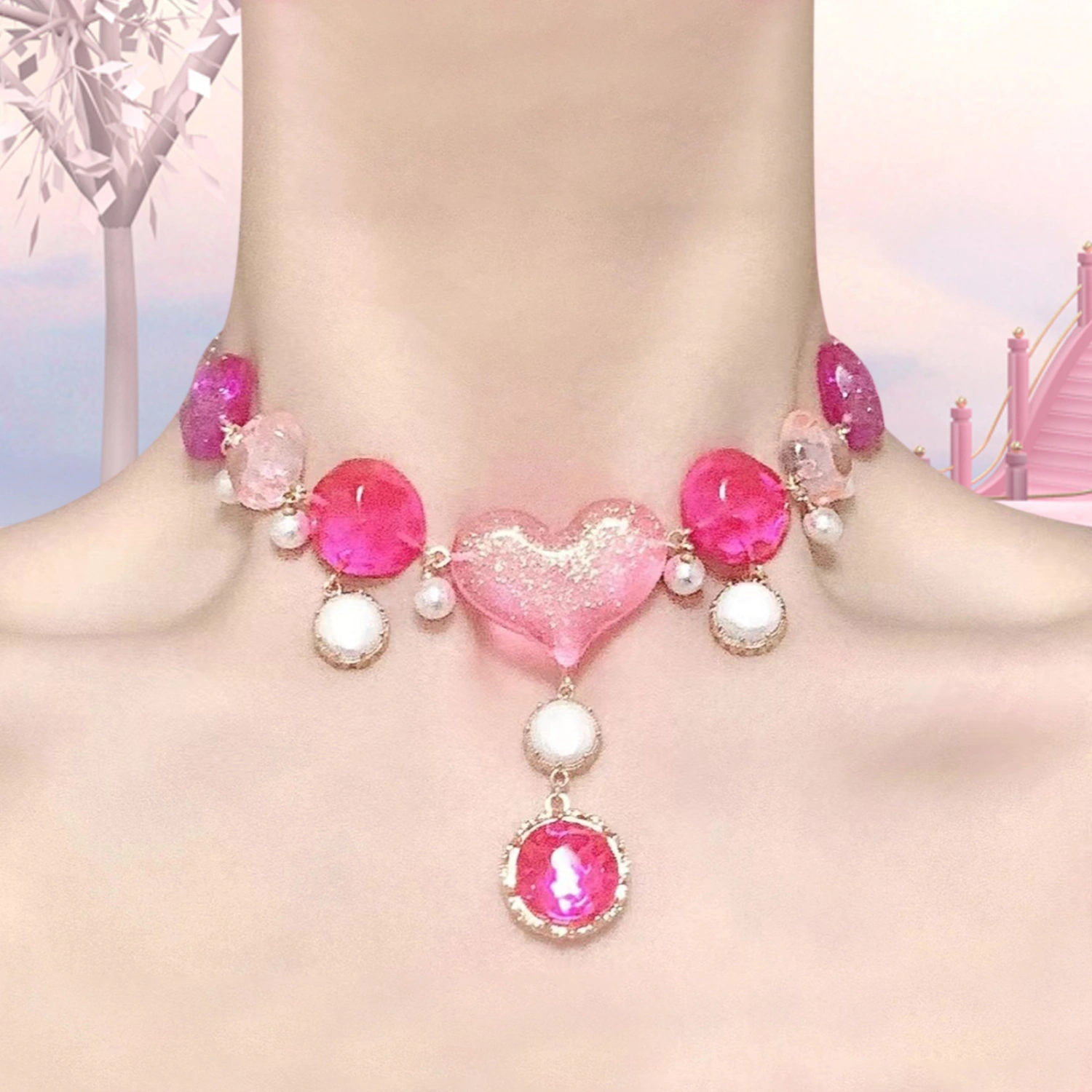 Women Heart Necklace, Sweet Rhinestones Choker Barbie Jewelry Gift for Party