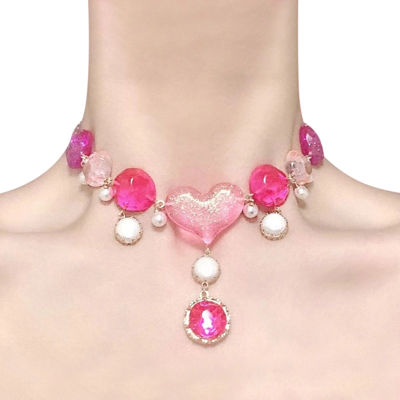 Women Heart Necklace, Sweet Rhinestones Choker Barbie Jewelry Gift for Party