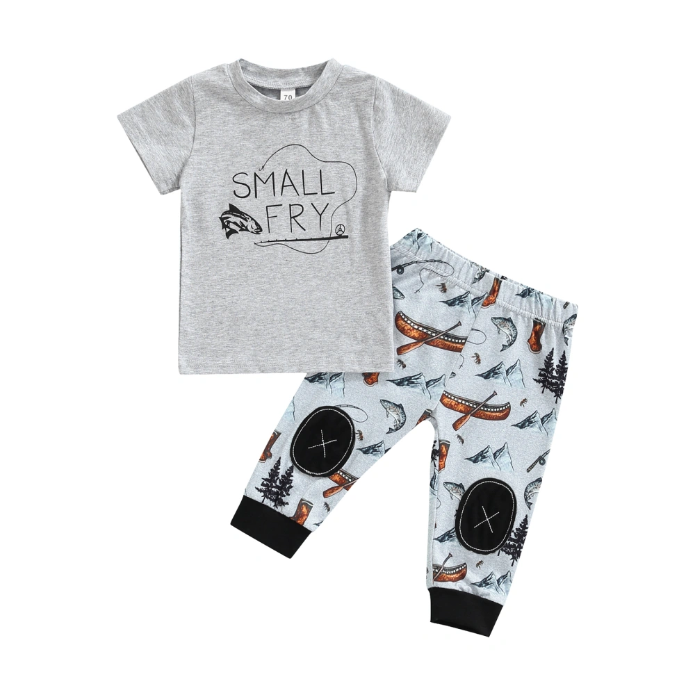 Boys Summer Gray Short Sleeve Letter Print T-shirt + Fish Print Pants