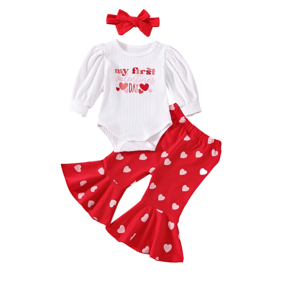 Girls White Letter Print Romper + Heart Print Flared Pants + Headband