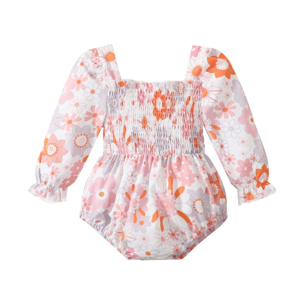 Baby Girls Romper, Long Sleeve Square Neck Pleated Floral Bodysuit