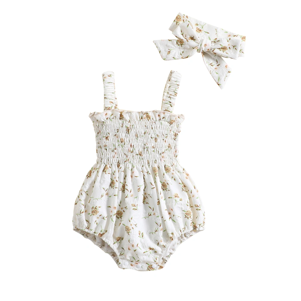 Baby Girls Romper Set, Sleeveless Pleated Floral Romper + Hairband