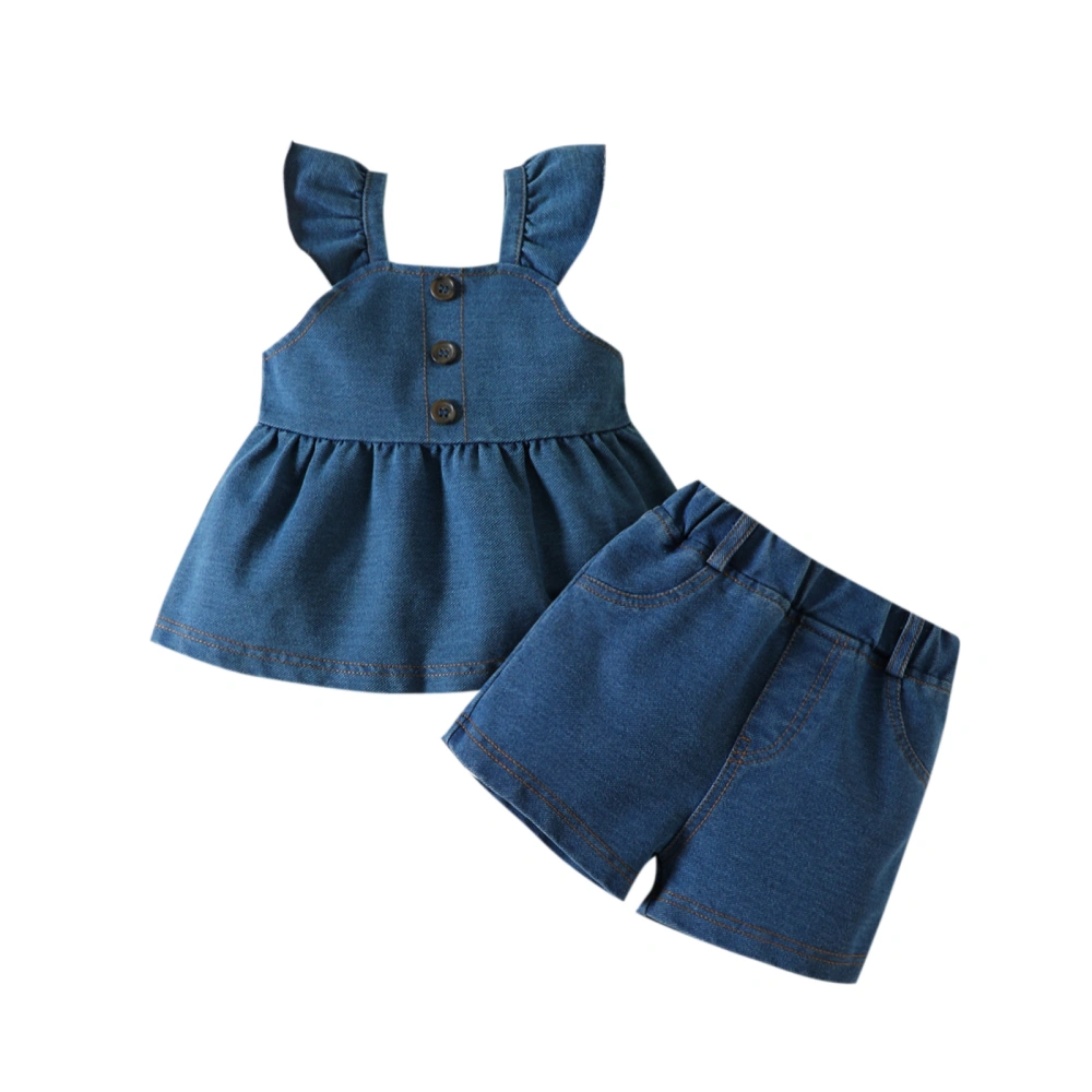 Baby Girl Summer Outfit Dot Solid Color Fly Sleeve Denim Tops Shorts