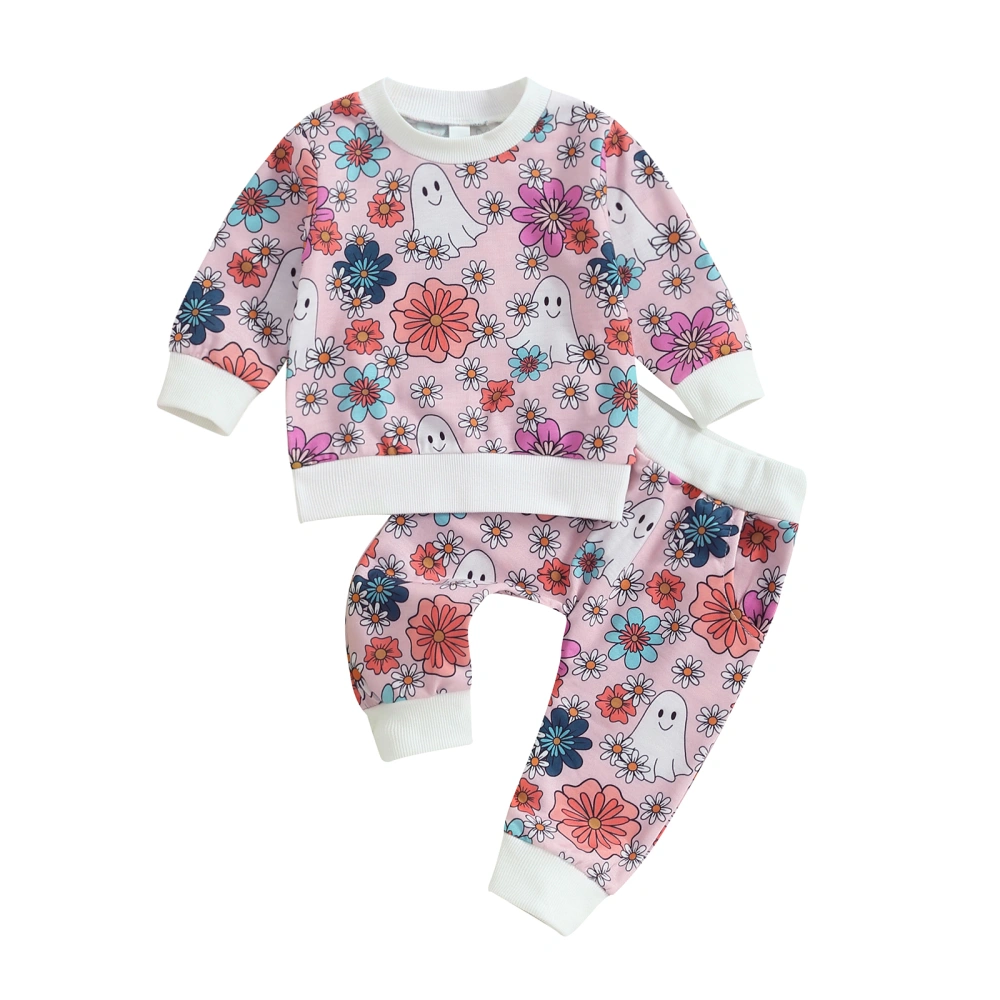 Toddler Girl Fall Outfits Ghost Floral Print Sweatshirt + Pants Set