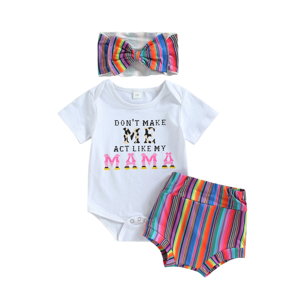 Baby Girls Shorts Set Letters Print Romper + Striped Shorts + Hairband