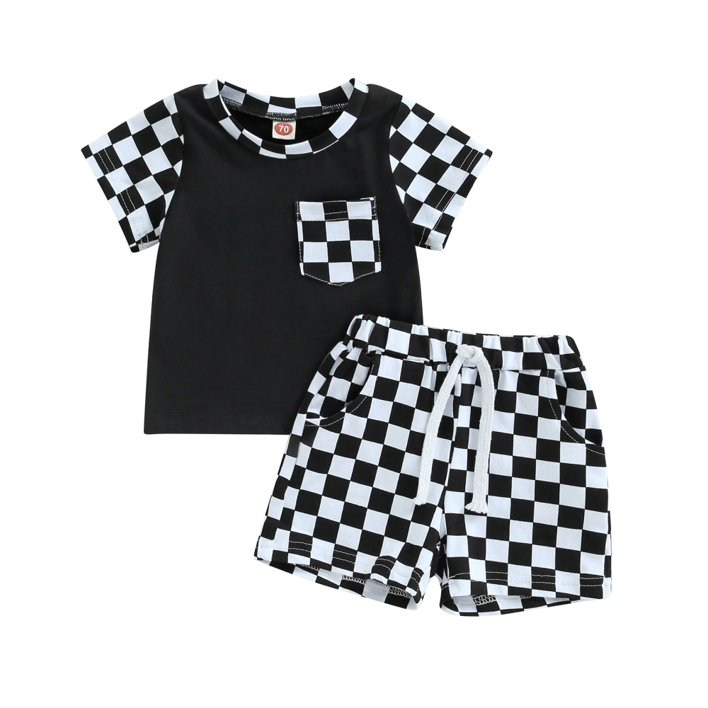 Boys Short Sleeve Checkerboard Print Tops and Drawstring Shorts Sets