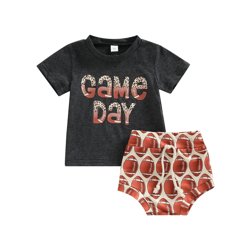 Kid Boy Short Sleeve Round Neck Rugby Print Shirt + Shorts Suit